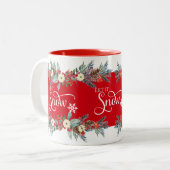 Kerstbloemen grens-Laat het sneeuwtypografie Tweekleurige Koffiemok (Voorkant links)
