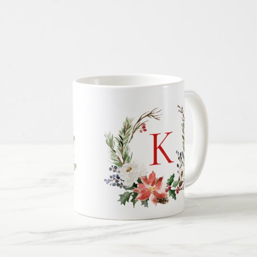 Kerstbloemen krans op maat monogram koffiemok (Voorkant rechts)