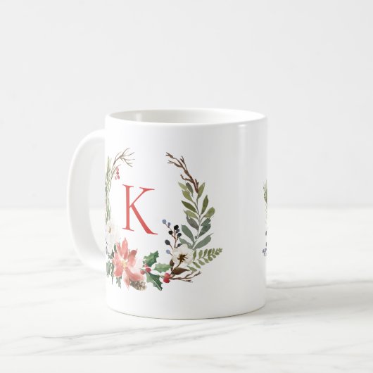 Kerstbloemen krans op maat monogram koffiemok (Voorkant links)