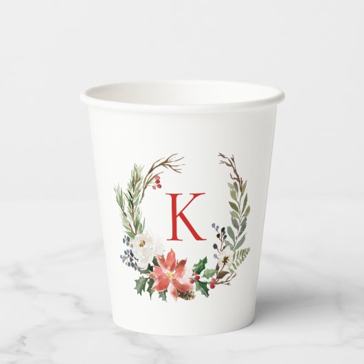 Kerstbloemen krans op maat monogram papieren bekers (Achterkant)
