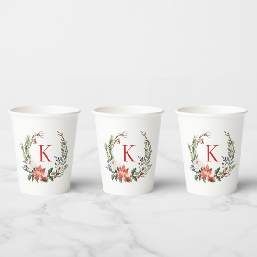 Kerstbloemen krans op maat monogram papieren bekers (Multi)
