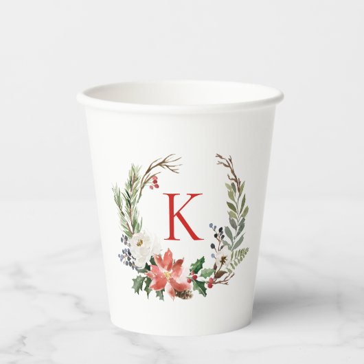 Kerstbloemen krans op maat monogram papieren bekers (Voorkant)