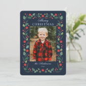 Kerstbloemen Lijst Foto Navy Feestdagenkaart (Staand voorkant)