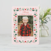 Kerstbloemen Lijst Foto Roze Feestdagenkaart (Staand voorkant)