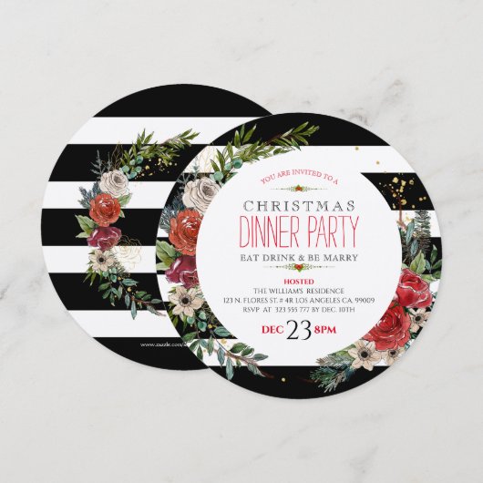 kerstbloemen, met adem en Stripes Diner Invite Kaart (Voorkant / Achterkant)