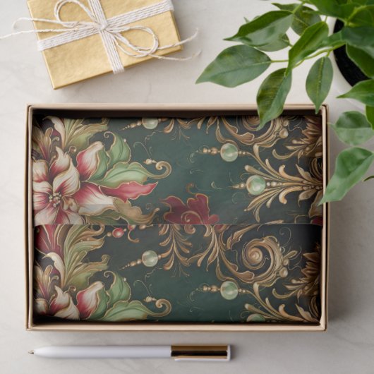 Kerstbloemen op groene decoupage tissuepapier (Geschenk)