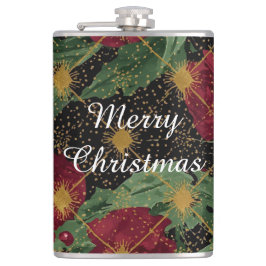 Kerstbloemen Patroon,Goud Rood Groen Zwart  Heupfles
