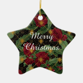 Kerstbloemen Patroon, Goud Rood Groen Zwart  Keramisch Ornament