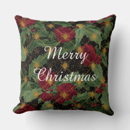 Kerstbloemen Patroon,Goud Rood Groen Zwart Kussen