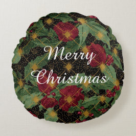 Kerstbloemen Patroon,Goud Rood Groen Zwart Rond Kussen
