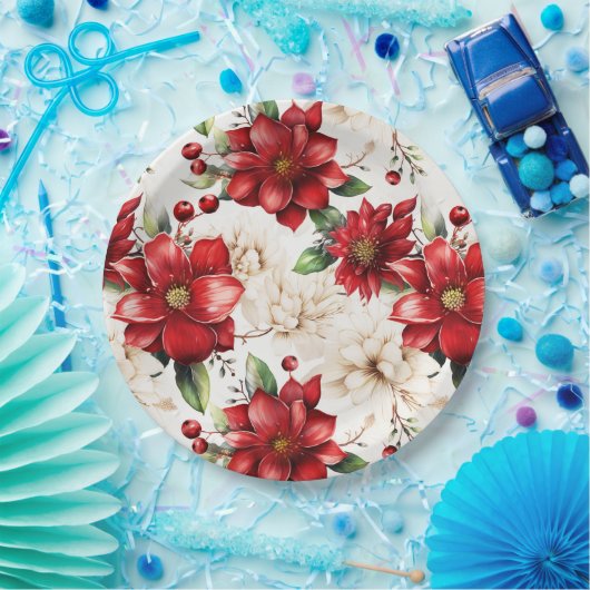 Kerstbloemen Poinsettia rood groen patroon Papieren Bordje (Feest)