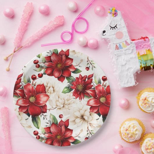 Kerstbloemen Poinsettia rood groen patroon Papieren Bordje (Feest)