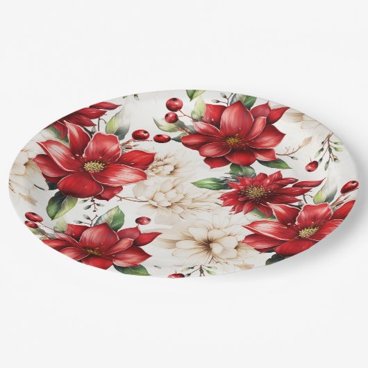 Kerstbloemen Poinsettia rood groen patroon Papieren Bordje (Gekanteld)