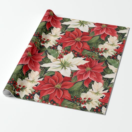 Kerstbloemen rood wit cadeaupapier (Uitgerold)