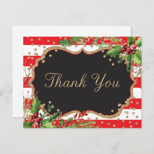 Kerstbloemen Rood Zwart Goud Glitters Confetti Bedankkaart (Voorkant / Achterkant)