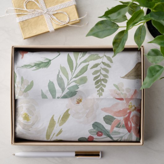 Kerstbloemen & witte rozen patroon tissuepapier (Geschenk)