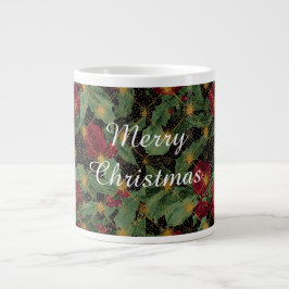 Kerstbloemenpatroon, Goud Rood Groen Zwart  Grote Koffiekop