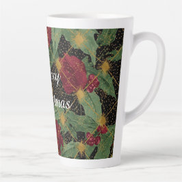 Kerstbloemenpatroon, Goud Rood Groen Zwart Latte Mok