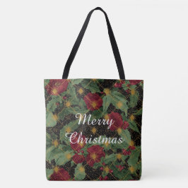 Kerstbloemenpatroon, Goud Rood Groen Zwart Tote Bag