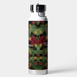 Kerstbloemenpatroon, Goud Rood Groen Zwart Waterfles