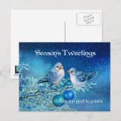 Kerstbluebirds tweeten in een besneeuwde boom feestdagenkaart (Voorkant / Achterkant)