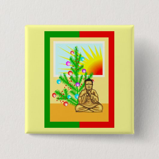 Kerstboeddha met boom! vierkante button 5,1 cm (Voorkant)
