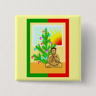 Kerstboeddha met boom! vierkante button 5,1 cm
