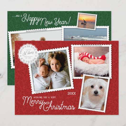 Kerstboek rood en groen | 8 Foto-collage Feestdagenkaart (Voorkant / Achterkant)