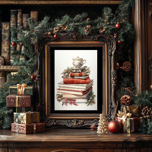 Kerstboek Stack Waterverf Art Style Poster
