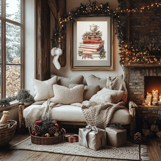 Kerstboek Stack Waterverf Art Style Poster