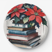 Kerstboeken en Poinsettia's Papieren Bordje (Voorkant)