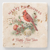 Kerstboeket Rode Robin Aangepaste Typografie Stenen Onderzetter (Voorkant)