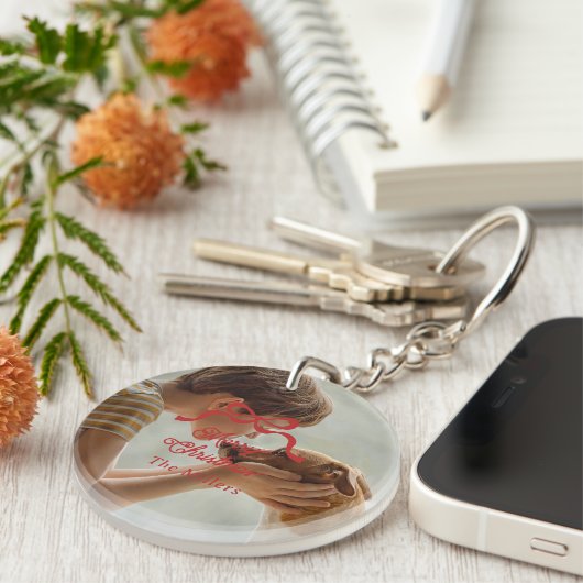 Kerstbogen Retro Vakantie Premium Rode Foto Sleutelhanger (Voorkant Rechts)