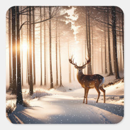 Kerstbok in het winterbos vierkante sticker