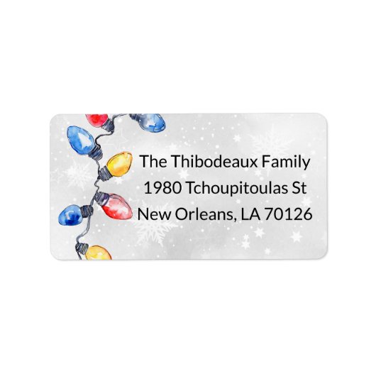 Kerstbollen, slingerlichtjes, retouradres etiket (Voorkant)