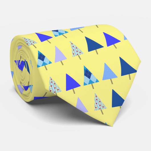 Kerstbomen blauw op gele X-Mas Party Stropdas (Opgerold)
