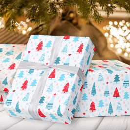 kerstbomen blauw rood roze omslagpapier cadeaupapier