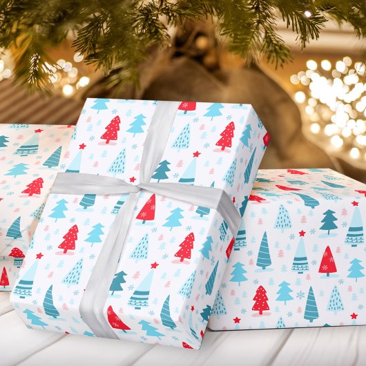 kerstbomen blauw rood roze omslagpapier cadeaupapier