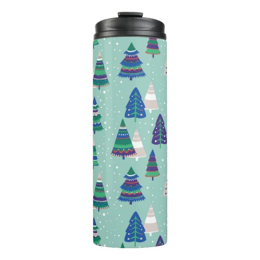 Kerstbomen, blauwe achtergrond thermosbeker (Voorkant)