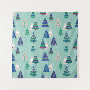 Kerstbomen, blauwe achtergrond wandkleed