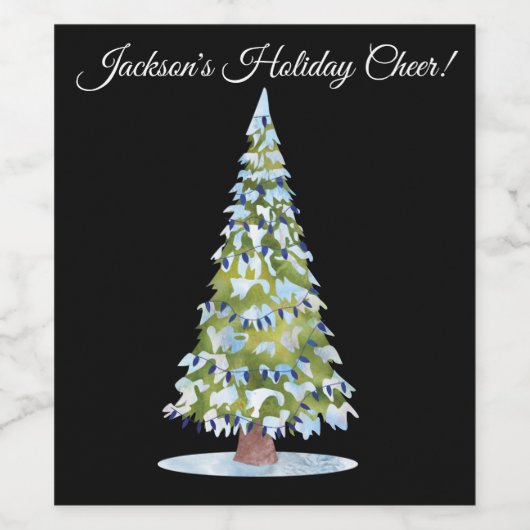 Kerstbomen Blauwe lampjes Aangepast kerstfeest Wijn Etiket (Enkel label)