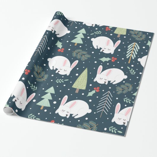 Kerstbomen & Bunnies Vakantie Bunny Rustiek Cadeaupapier (Uitgerold)