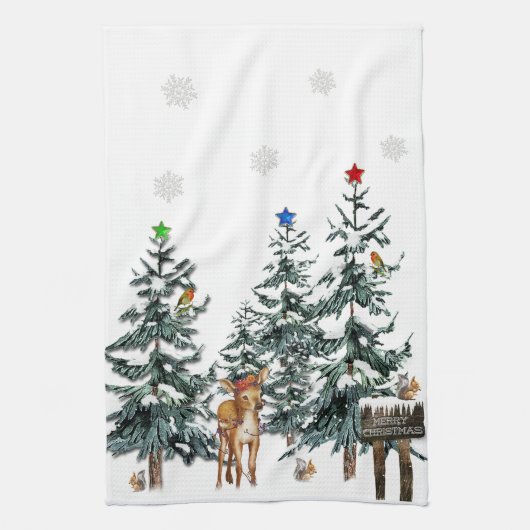 kerstbomen Deer Birds Snowflakes Winter Theedoek (Verticaal)