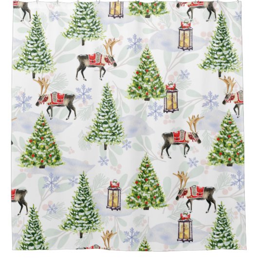 Kerstbomen en bewoners feestelijk douchegordijn (Voorkant)