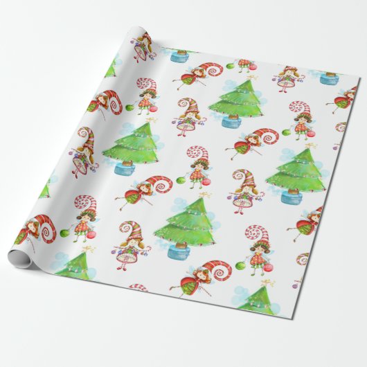 kerstbomen en cadeaubonen cadeaupapier (Uitgerold)