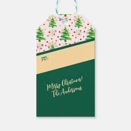 Kerstbomen en gouden sneeuwvlokken cadeaulabel (Voorkant)