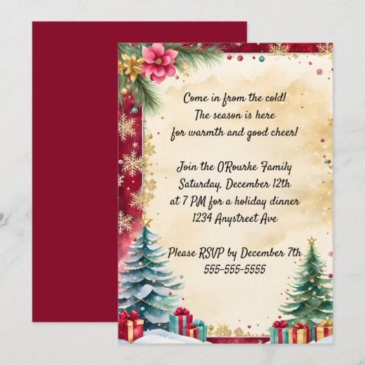 Kerstbomen en gouden sneeuwvlokken kaart (Voorkant / Achterkant)