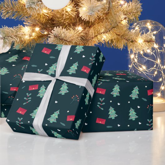 Kerstbomen en Holly Modern Pattern Dark Blue Cadeaupapier (Feestdagen)