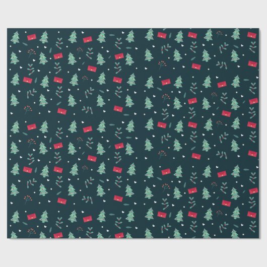 Kerstbomen en Holly Modern Pattern Dark Blue Cadeaupapier (Vlak)