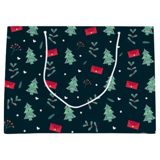 Kerstbomen en Holly Modern Pattern Dark Blue Groot Cadeauzakje (Voorkant)
